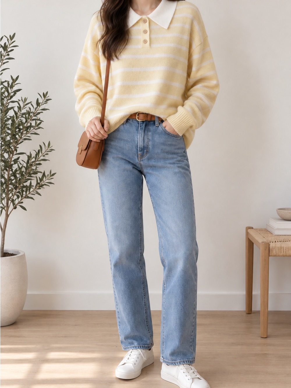 Edikted Yellow & White Striped Polo Sweater